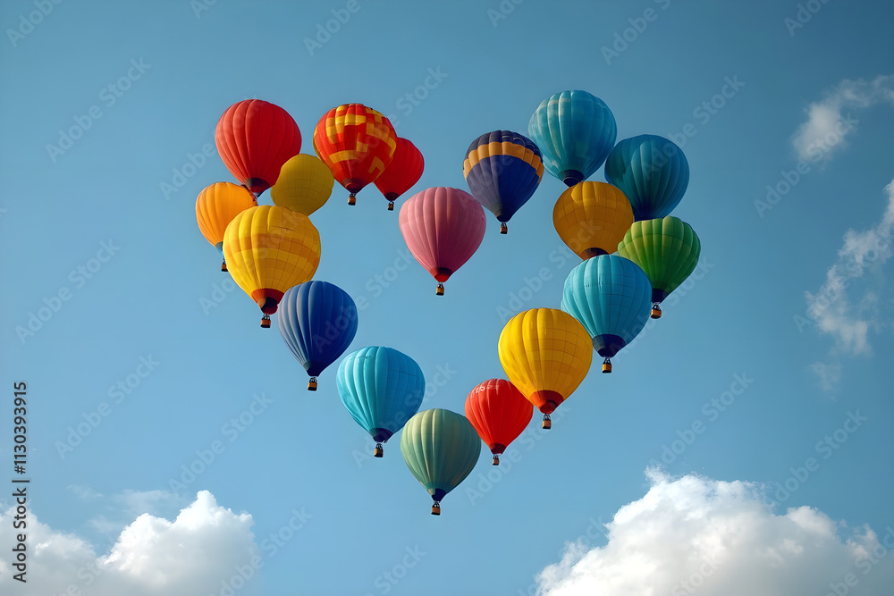 Obraz premium Heart-Shaped Formation of Colorful Hot Air Balloons Against a Clear Blue Sky.