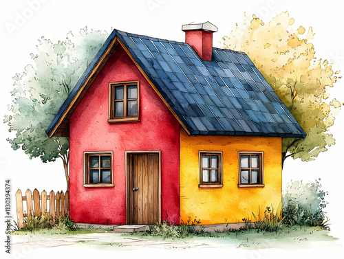 Charming Watercolor Cottage: Red & Yellow House photo