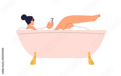 Woman relaxing in bathtub with smartphone. Happy girl taking bath. Female enjoying leisure time in bathroom, lying in tub with mobile phone. Flat vector illustration isolated on white background