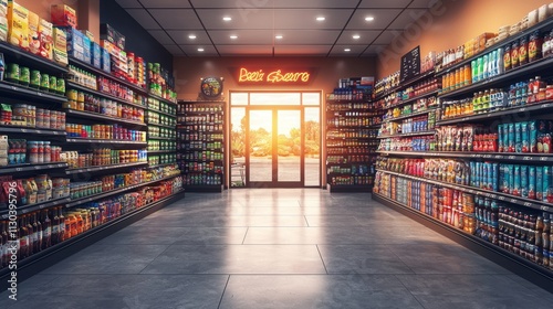 Sleek grocery store aisle with vibrant lighting and produce