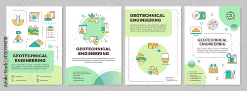 Geotechnical engineering green circle brochure template. Grounds survey technology. Leaflet design with linear icons. Editable 4 vector layouts. Arial-Bold, Myriad Pro-Regular fonts used