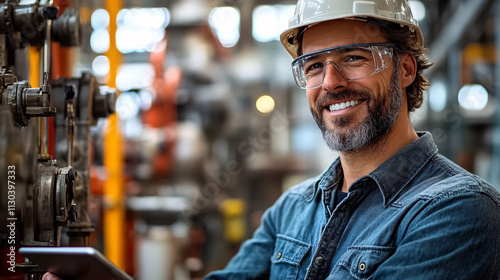 Confident male engineer wearing a safety helmet and goggles, smiling while holding a tablet in an industrial factory setting, surrounded by machinery and tools, with blurred background