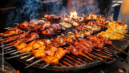 Skewers of meat on a big steaming barbecue photo