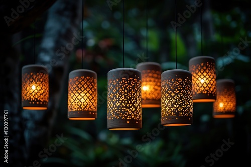 Illuminated lanterns hanging in night garden, serene and mystica photo