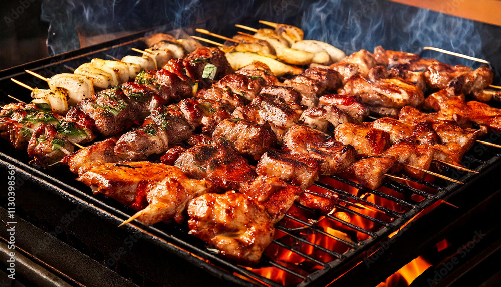 Skewers of meat on a big steaming barbecue Skewers of meat on a big steaming barbecue