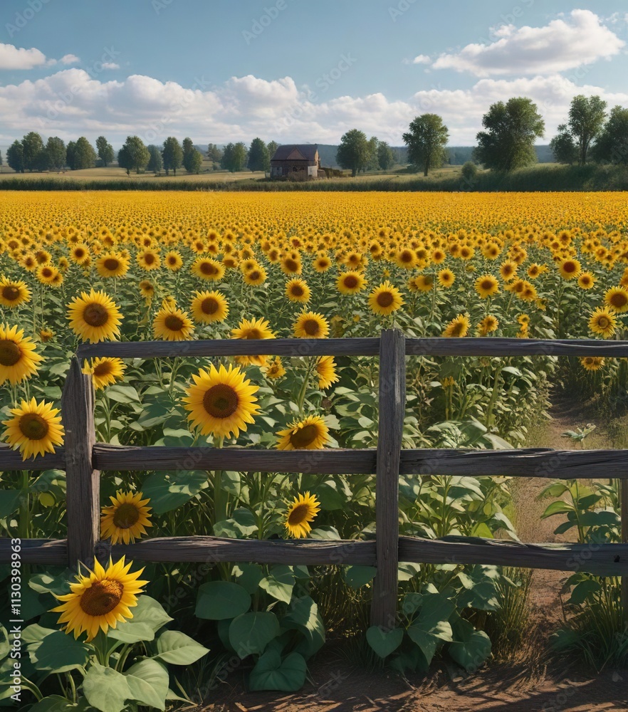 Obraz premium Field of sunflowers with a old wooden fence in the background, sunny weather, landscape photography , natural scenery