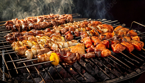 Skewers of meat on a big steaming barbecue