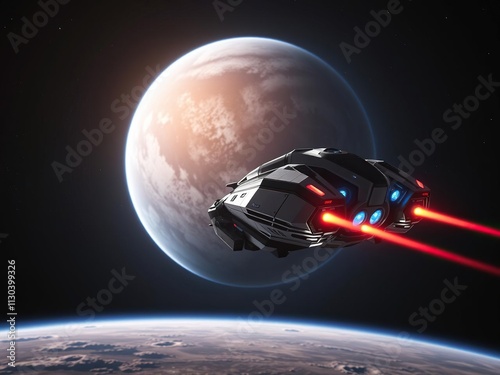 Fototapeta Naklejka Na Ścianę i Meble -  Futuristic spacecraft approaching a distant planet, environment, world