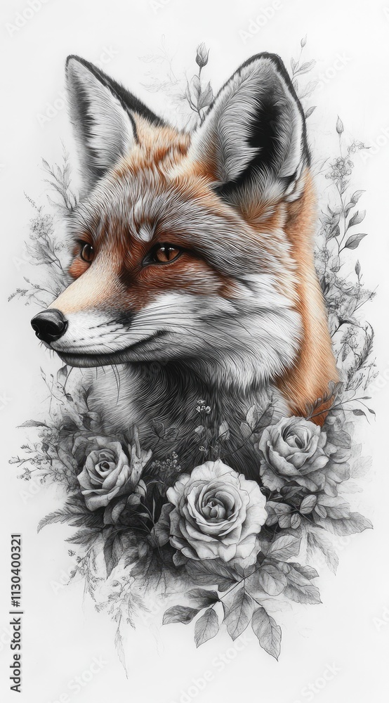Obraz premium Red fox portrait surrounded by grayscale roses.