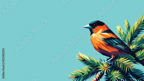 orioles bird perched on a pine tree branch in a low poly illustration
