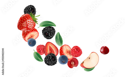 Mixed berries fruit with red raspberry, apple, strawberry, blackberry, blueberry, banana smoothies fruit splashing of Tropical fruits isolated on white background. Vector in 3D illustrations.