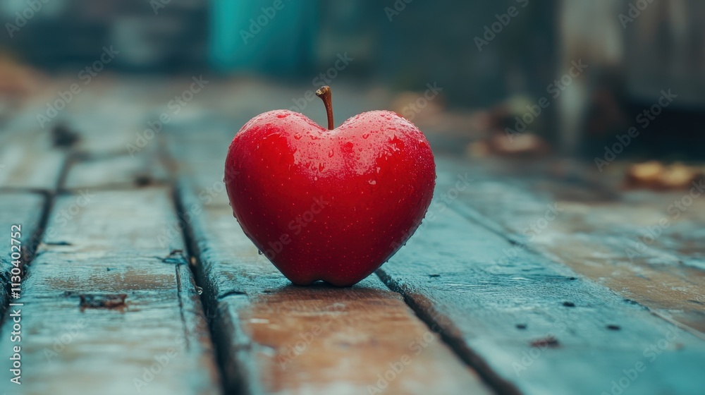 Fototapeta premium Bright red heart-shaped apple glistening with raindrops on a wooden surface creates a romantic and whimsical atmosphere 