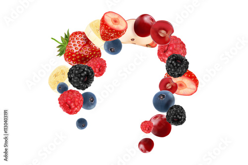 Mixed berries fruit with red raspberry, apple, strawberry, blackberry, blueberry, banana smoothies fruit splashing of Tropical fruits isolated on white background. Vector in 3D illustrations.