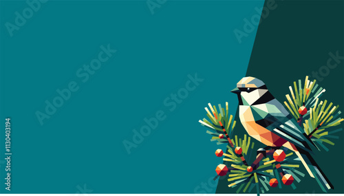 orioles bird perched on a pine tree branch in a low poly illustration