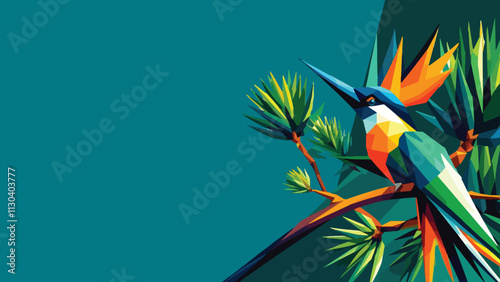 orioles bird perched on a pine tree branch in a low poly illustration