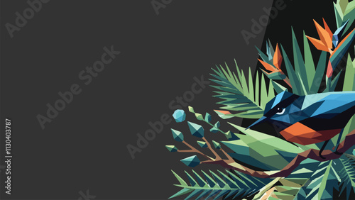 orioles bird perched on a pine tree branch in a low poly illustration