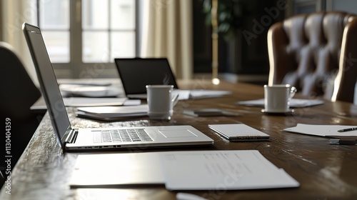 Business Meeting Setup with Laptop, Paperwork, and Coffee Cups photo