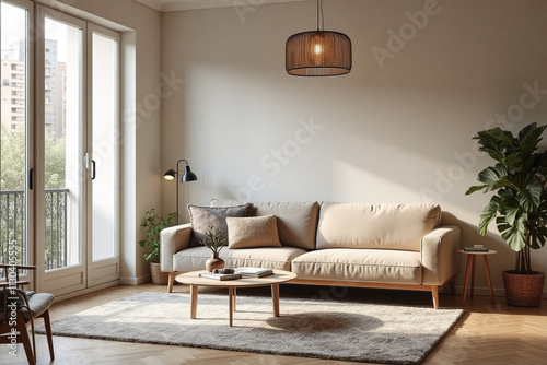 A stylish Parisian apartment reveals its modern living room, infused with Scandinavian charm. The camera captures a cozy corner, bathed in soft, natural light streaming through the floor-to-ceiling wi