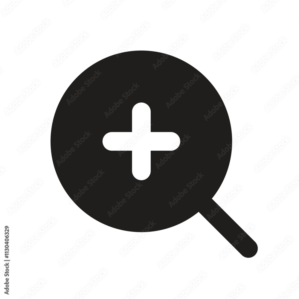 Fototapeta premium Pixelated Magnifying Glass with Plus Sign; Zoom or Add Function Icon