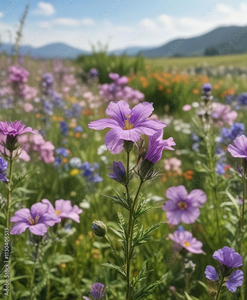 Fototapeta premium Fleur de Ruellia angustifolia flowers in a field with other wildflowers , grass, garden