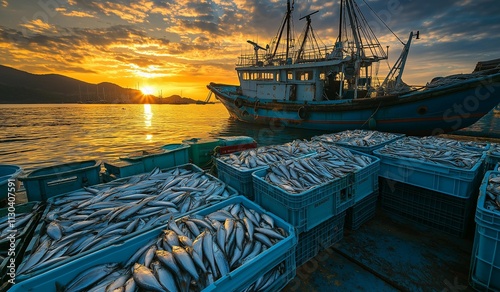 Ai generation image Fishermen on fish market,fishing boat background ,Transporting bluefish in clean blue crates from a fishing boat to the fish market