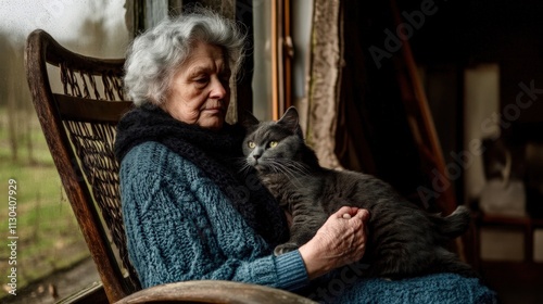 A therapy cat sitting on the shoulder of an elderly woman in a rocking chair, purring softly