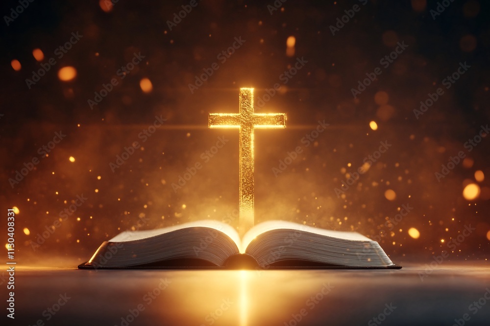 Glowing Golden Cross Shining on Open Holy Bible in Stylized Glowing Golden Cross Shining on Open Holy Bible in Stylized