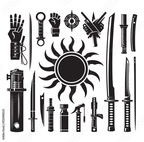 Ninjutsu weapons Silhouette vector illustration