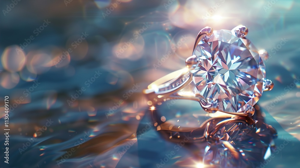 A diamond ring set with a large, brilliant-cut stone, glowing in natural sunlight.