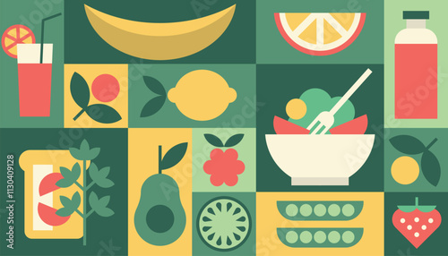 Diet background geometric vector, healthy food, fruits, vegetables vegetarian menu, packaging
