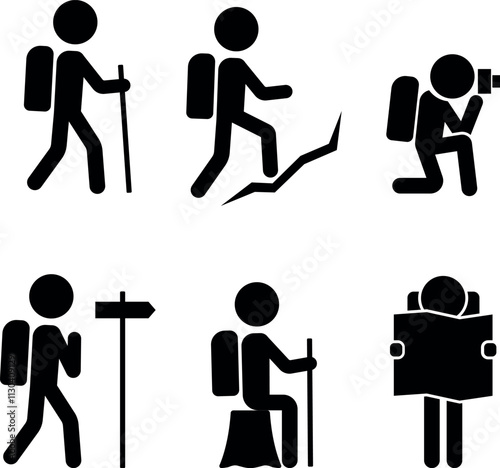 Tourists icons set. Hikers stick figures set