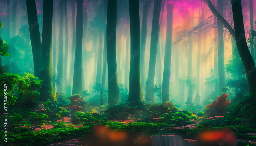 Obraz premium illustration of forest with vibrant colored fog