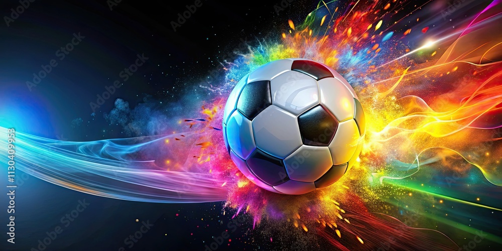 Fototapeta premium Dynamic soccer ball bursting with colorful energy, soccer, sports, vibrant, energetic, movement, active, competition, game