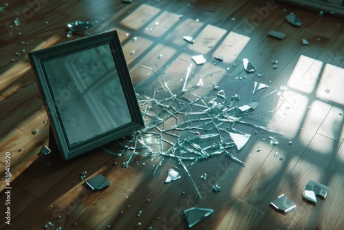 concept of broken marriage. Broken glass picture frame on floor mockup
