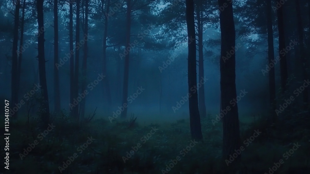 Obraz premium Misty Dark Forest at Dusk with Soft Lighting and Mysterious Atmosphere