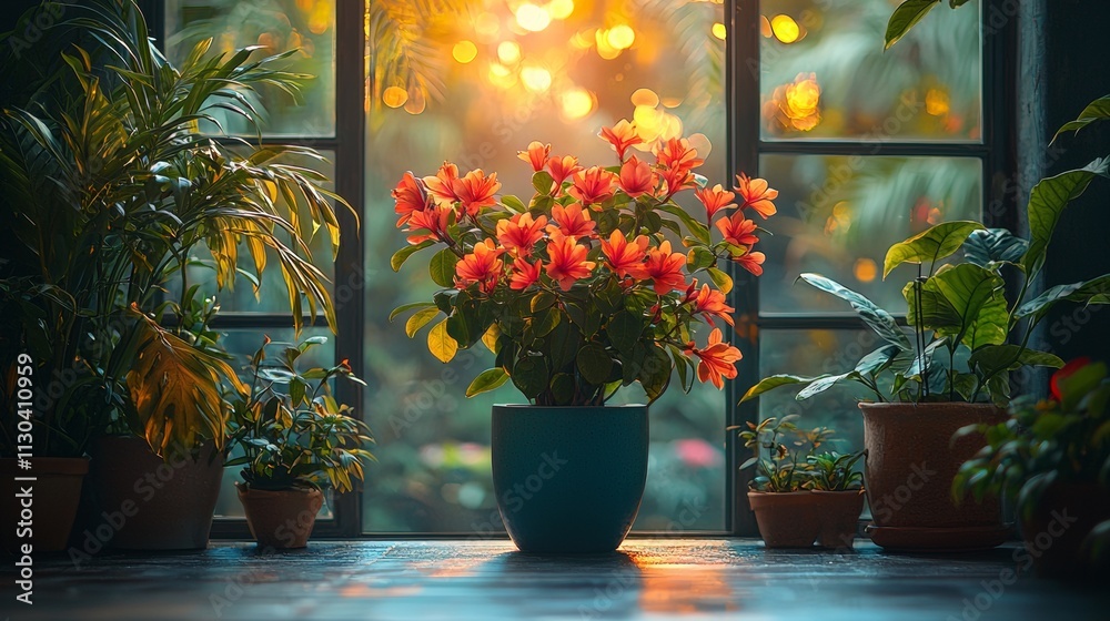 Fototapeta premium Lush green plants and flowers illuminated indoors