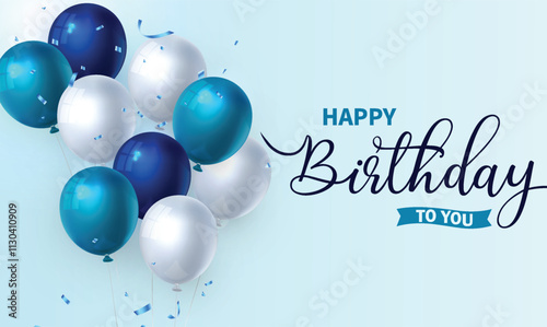 Happy birthday greeting vector design. Birthday greeting text with blue and white inflatable balloons for boys invitation card template. Vector illustration birth day card design.
