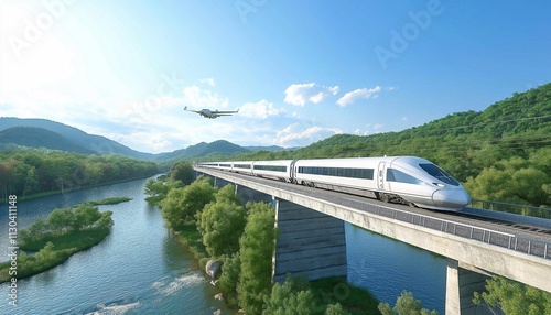 AI generator image of high-speed electric trains, japan shinkansen in front of fujiyama, hyperrealistic .The train is crossing the bridge down the left over the river, photorealistic wide angle shot