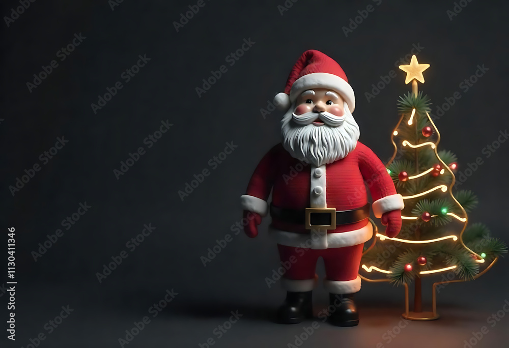 Obraz premium Santa character, gift, white Christmas tree, 3D. Objects on a red background for the celebration of Happy New Year, sales, and discounts. with blue txture background