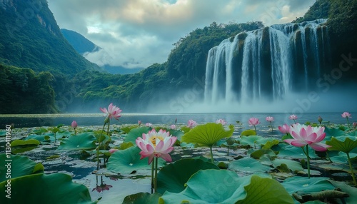 AI generator images of many lotus flowers It is blooming beautifully. In the water are streams and ponds formed by waterfalls flowing from the mountains. The air contains steam and fog. Makes you feel photo