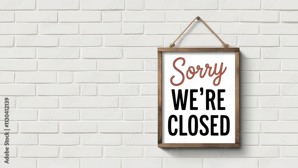 Obraz premium Sorry we're closed sign hanging on a white wall with copy space. Small business concept. Perfect for marketing, business, retail store, office.