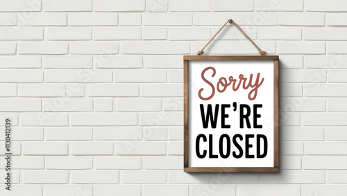 Sorry we're closed sign hanging on a white wall with copy space. Small business concept. Perfect for marketing, business, retail store, office.