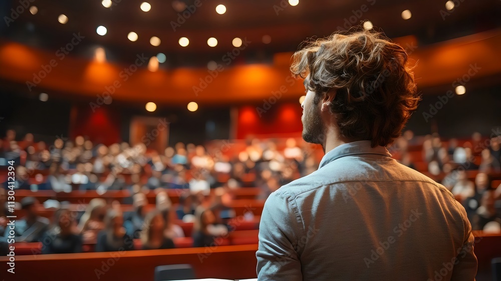 Fototapeta premium A man stands in front of a crowd of people in a large auditorium