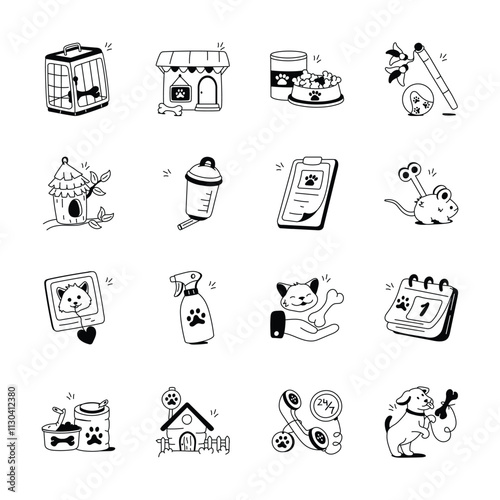 This set of simple black and white line art icons depicts various pet care and adoption related elements