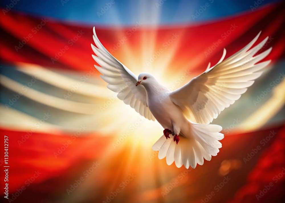 Fototapeta premium Silhouette of a Dove Flying Against the Austrian Flag, Symbolizing Peace and Freedom, Captured in Macro Photography, Evoking Emotions of Hope and Unity in a Beautiful Setting