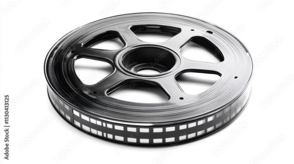 Obraz premium Black Film Reel with Film Strip Isolated on White Background