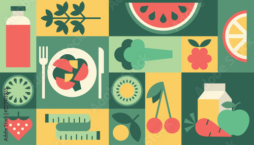 Diet background geometric vector, healthy food, fruits, vegetables vegetarian menu, packaging