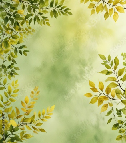 Yellow and green watercolor background with a few leaves and branches in the foreground, scenery, watercolor, spring