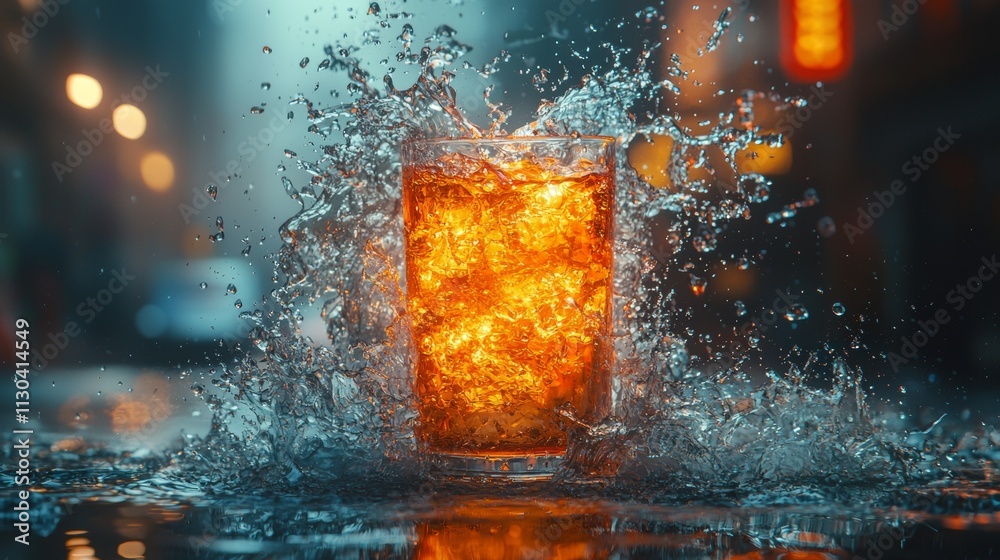 Fototapeta premium Dramatic whiskey splash with ice cubes in golden light