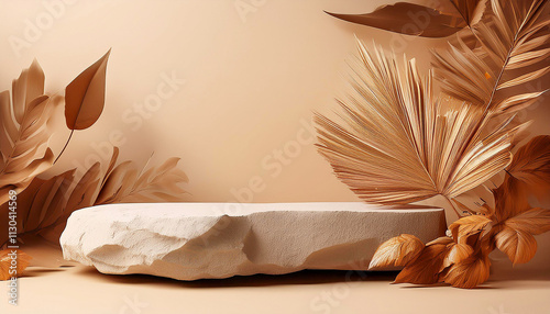 Natural beige background Studio Minimal showcase for cosmetic.Tropical dry leaf product presentation design template.Generative AI